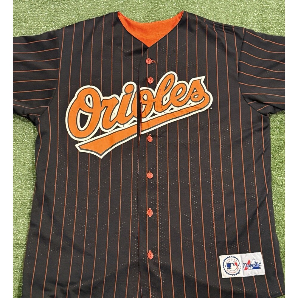 Vtg 1990s Majestic Baltimore Orioles black pinstripe baseball jersey L/XL